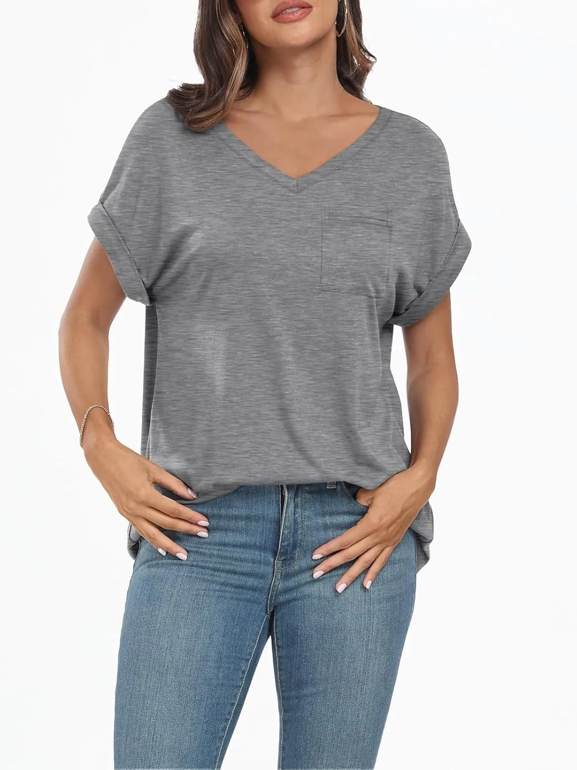AUTOMET Womens Tops Short Sleeve V Neck Shirts with Chest Pockets Loose Casual Basic Tees Summer Clothes Outfits 2025