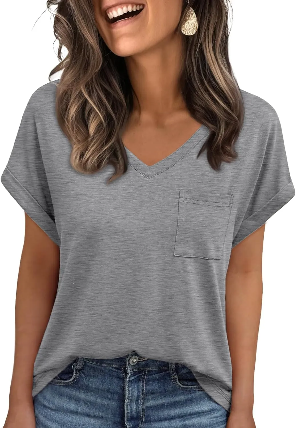 AUTOMET Womens Tops Short Sleeve V Neck Shirts with Chest Pockets Loose Casual Basic Tees Summer Clothes Outfits 2025