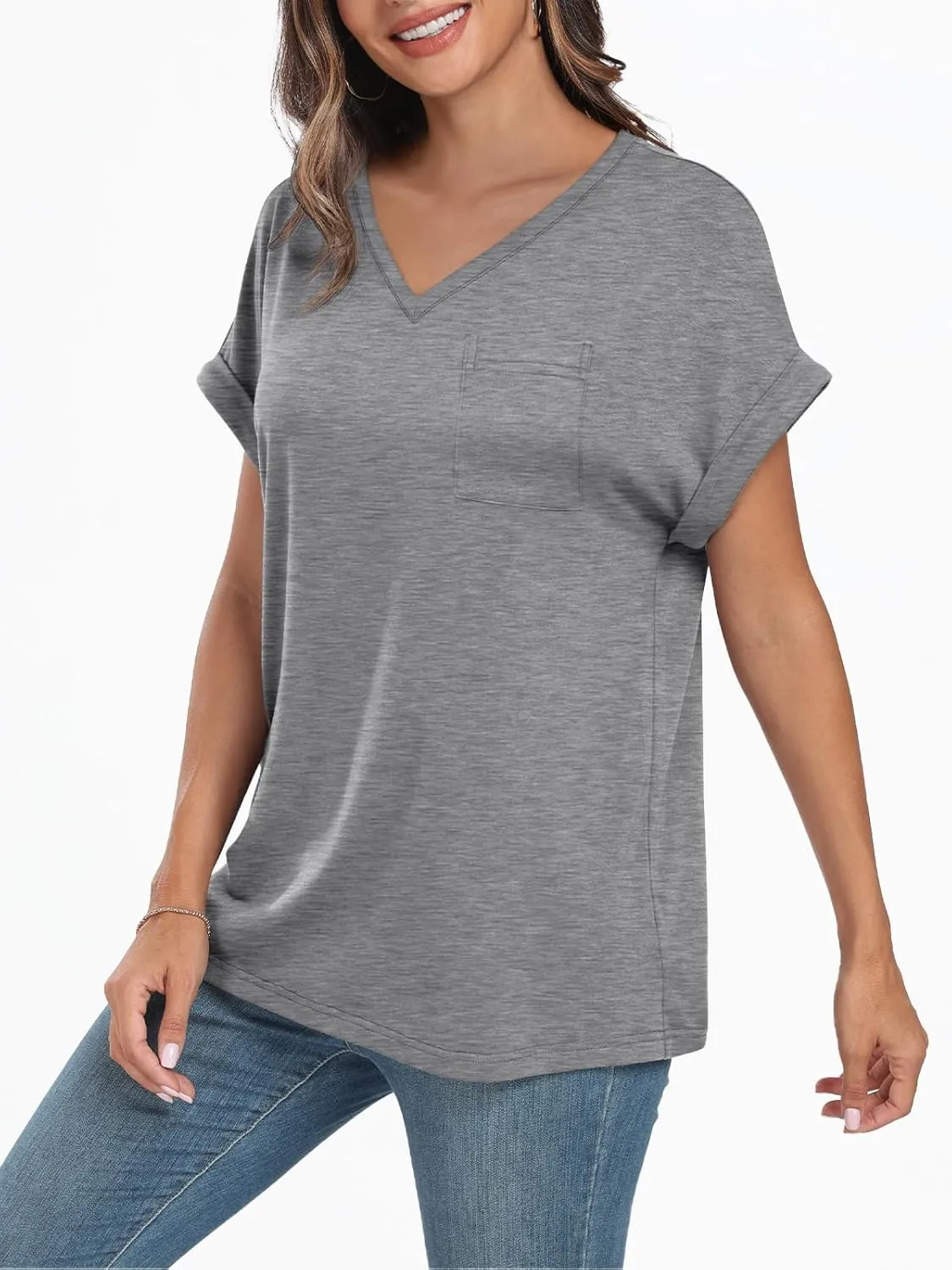 AUTOMET Womens Tops Short Sleeve V Neck Shirts with Chest Pockets Loose Casual Basic Tees Summer Clothes Outfits 2025