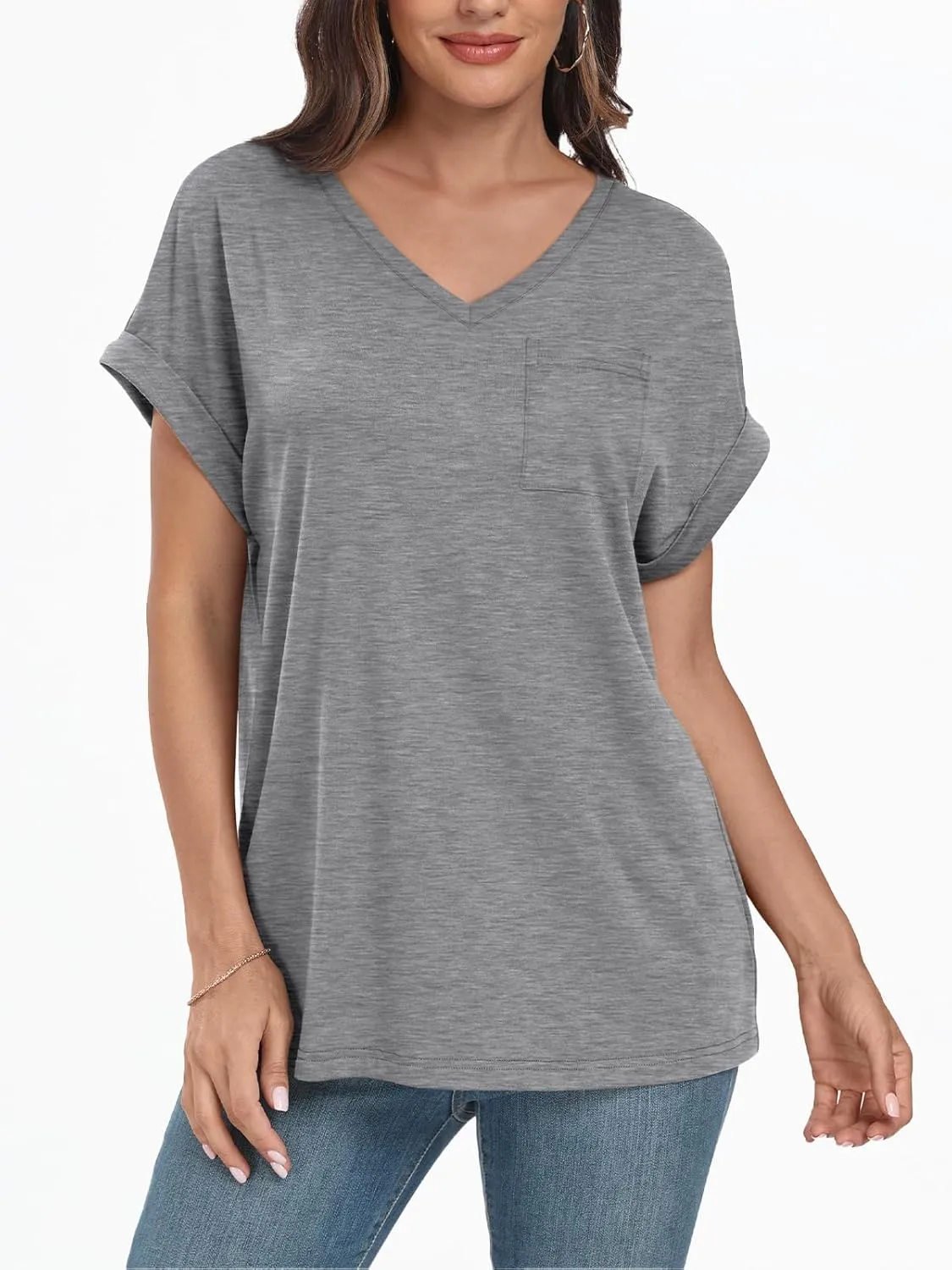 AUTOMET Womens Tops Short Sleeve V Neck Shirts with Chest Pockets Loose Casual Basic Tees Summer Clothes Outfits 2025