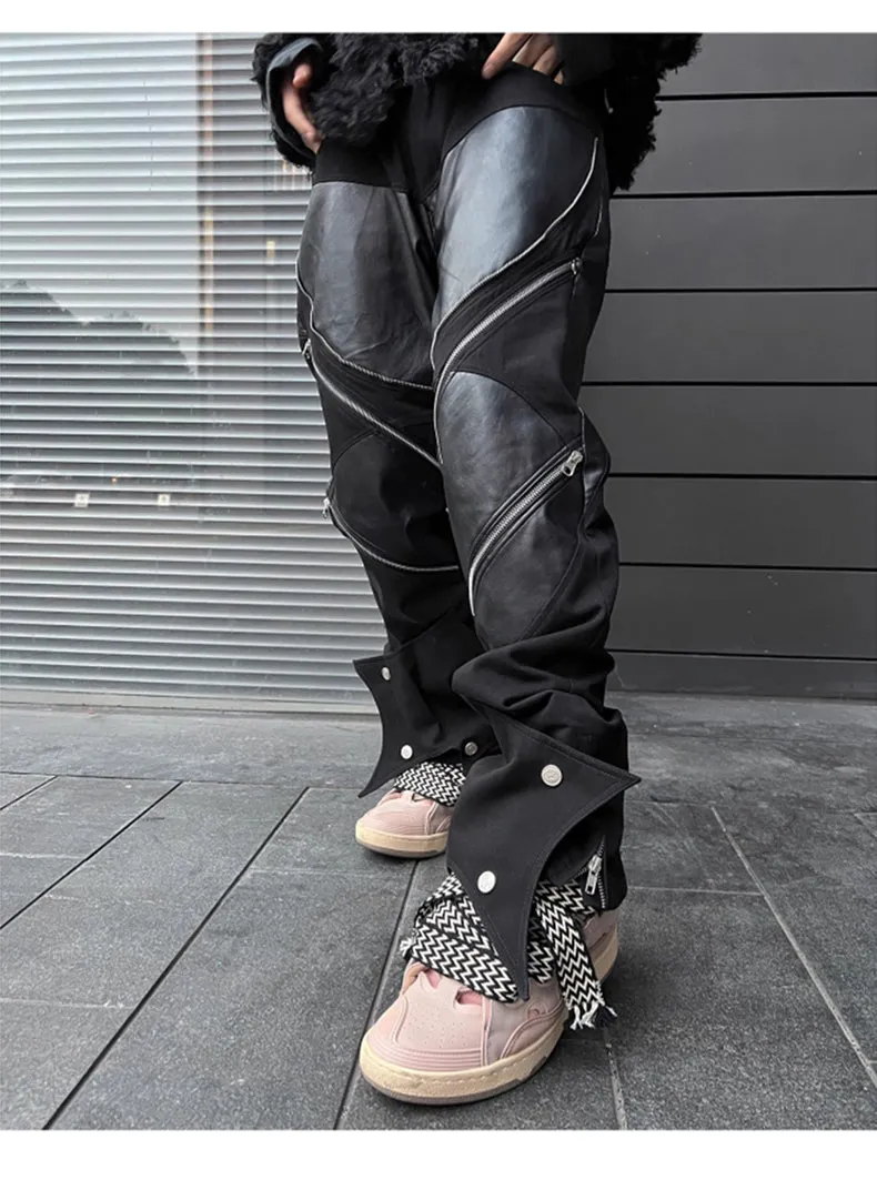 Black Patchwork Zipper Leather Pants