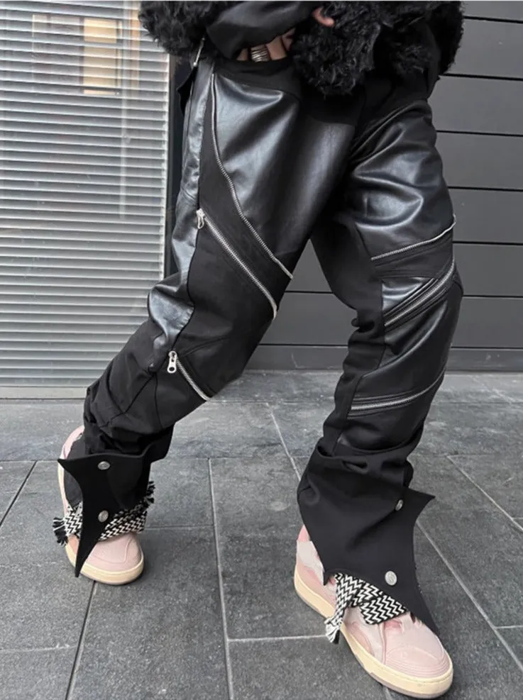 Black Patchwork Zipper Leather Pants