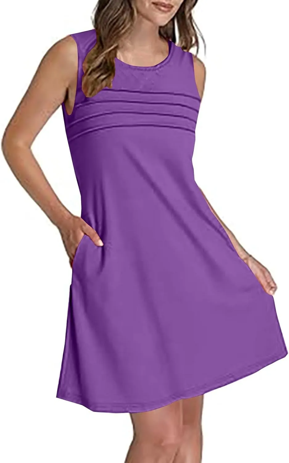 Casual Dresses for Women Sleeveless A-Line Ruched Tank Dress Summer Beach Cover Ups Flowy Sundresses with Pockets