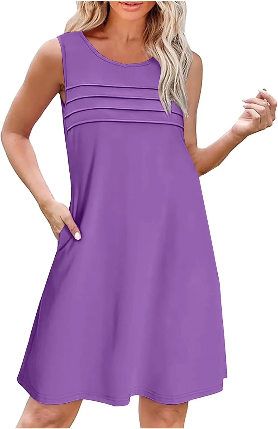 Casual Dresses for Women Sleeveless A-Line Ruched Tank Dress Summer Beach Cover Ups Flowy Sundresses with Pockets