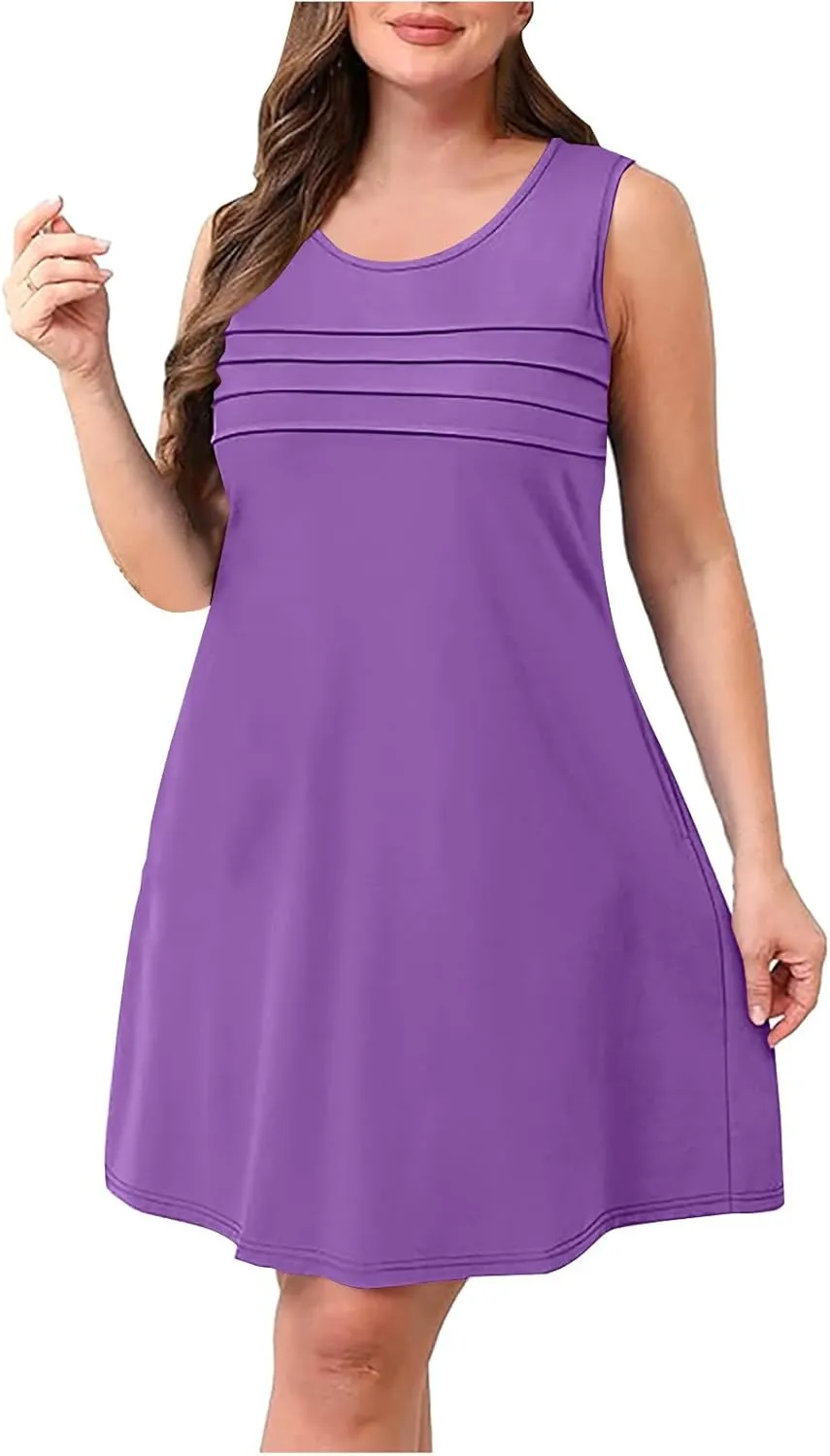 Casual Dresses for Women Sleeveless A-Line Ruched Tank Dress Summer Beach Cover Ups Flowy Sundresses with Pockets