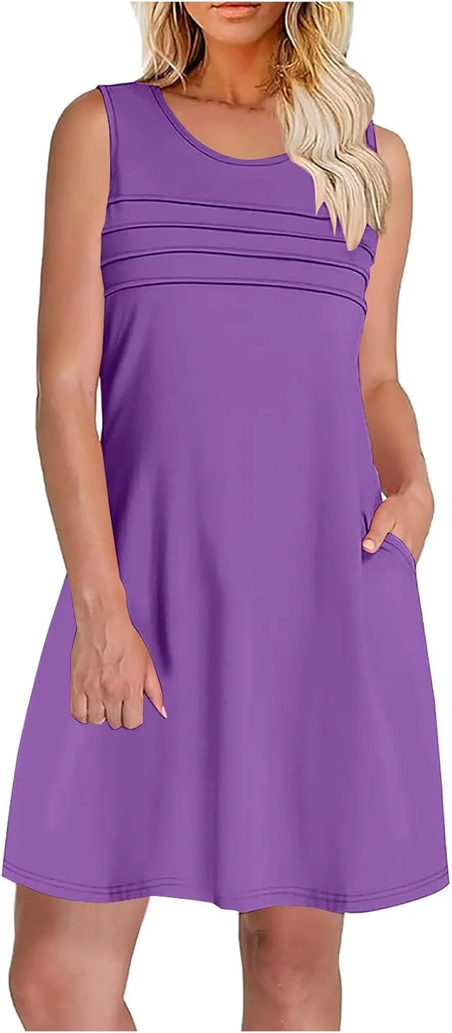 Casual Dresses for Women Sleeveless A-Line Ruched Tank Dress Summer Beach Cover Ups Flowy Sundresses with Pockets