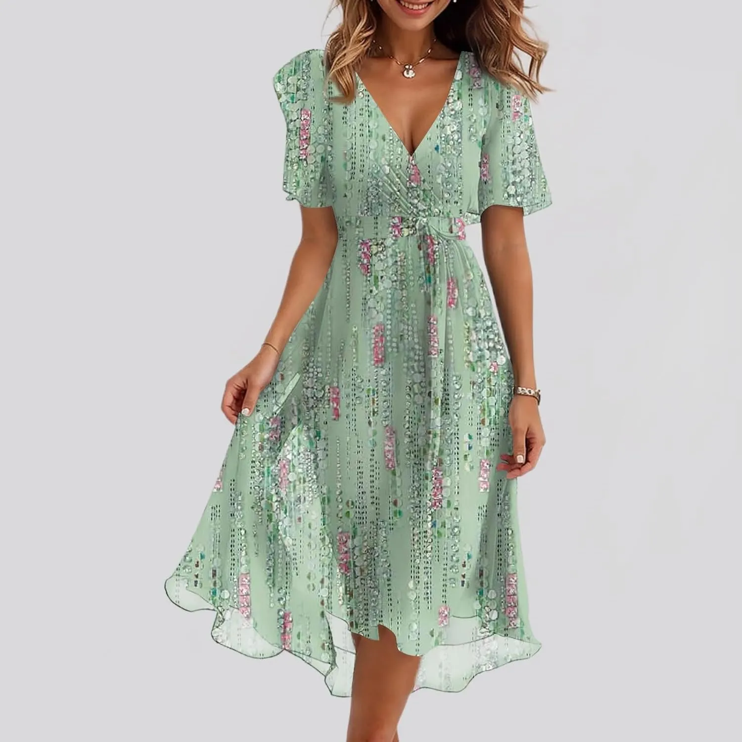 Chiffon Dresses for Women Summer Sexy Wrap V Neck Cocktail Party Dresses Floral Print Flowy Wedding Guest Midi Dress