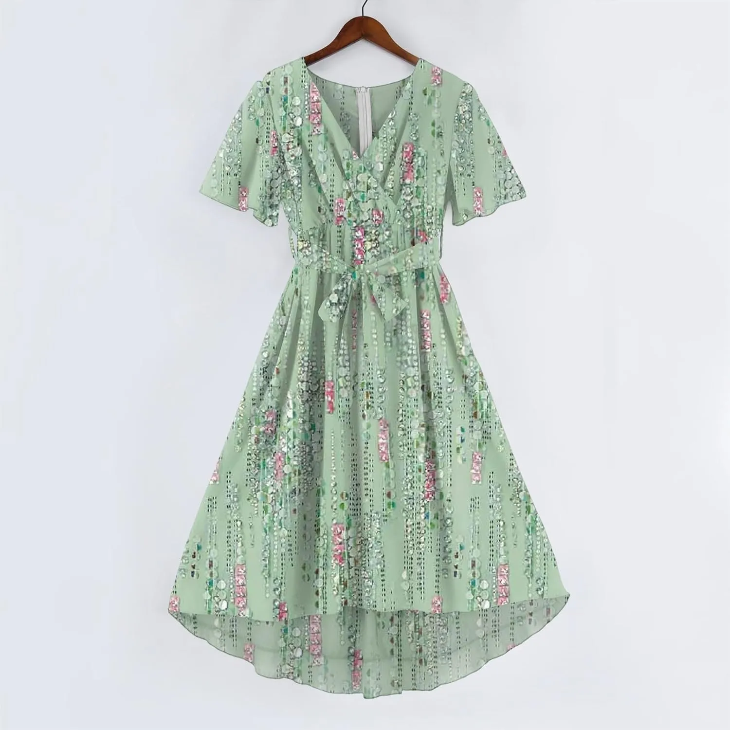 Chiffon Dresses for Women Summer Sexy Wrap V Neck Cocktail Party Dresses Floral Print Flowy Wedding Guest Midi Dress