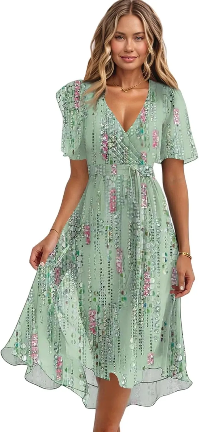 Chiffon Dresses for Women Summer Sexy Wrap V Neck Cocktail Party Dresses Floral Print Flowy Wedding Guest Midi Dress