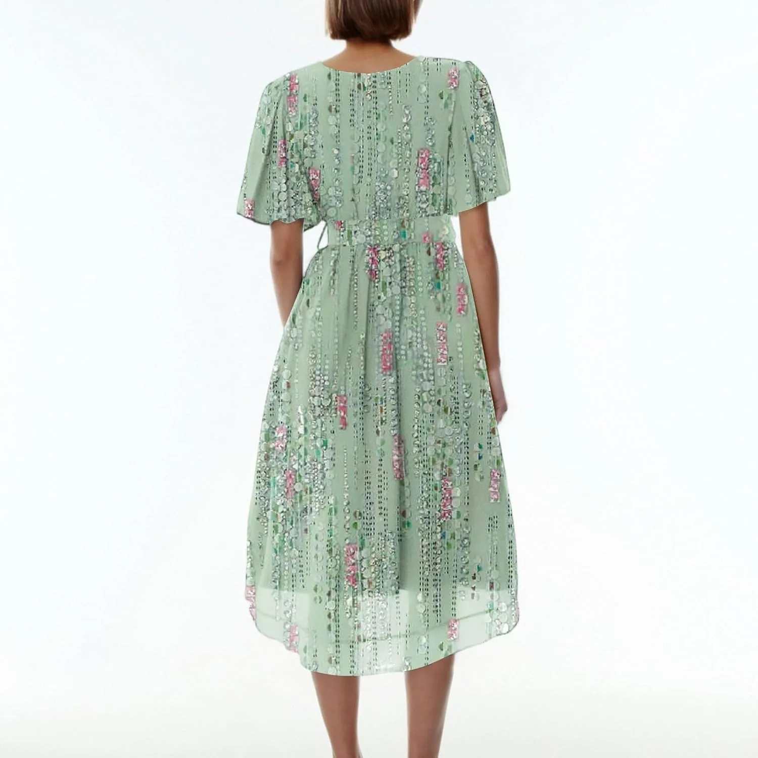 Chiffon Dresses for Women Summer Sexy Wrap V Neck Cocktail Party Dresses Floral Print Flowy Wedding Guest Midi Dress