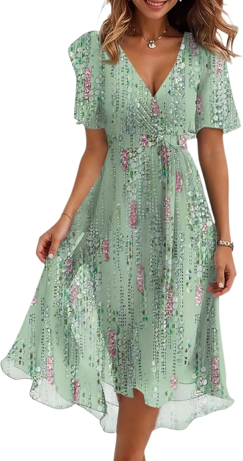 Chiffon Dresses for Women Summer Sexy Wrap V Neck Cocktail Party Dresses Floral Print Flowy Wedding Guest Midi Dress
