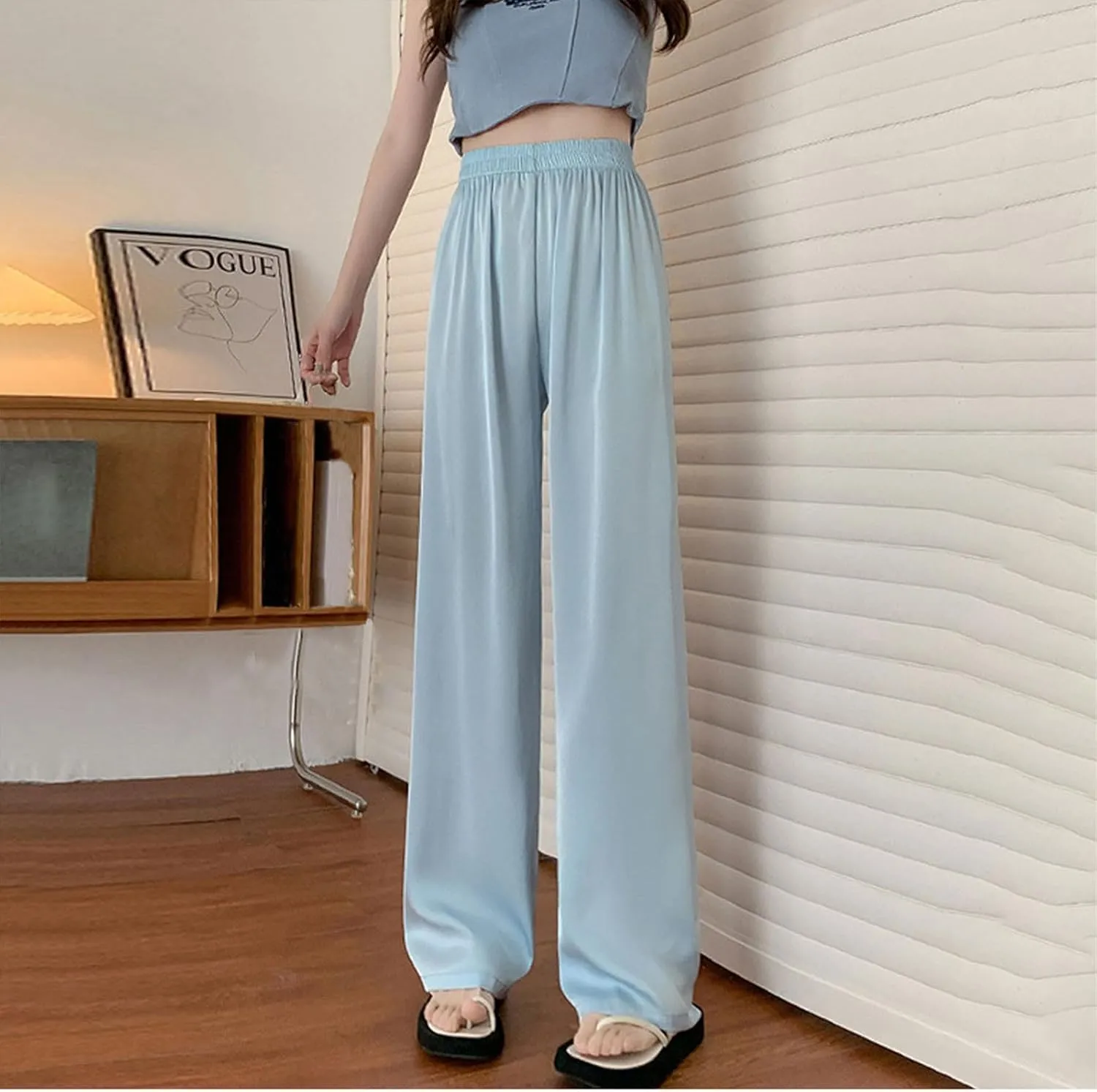 Comfy Trousers for Women Thin Summer Breathable Straight Leg Pants Stretch Elastic Waist Solid Color Casual Pants