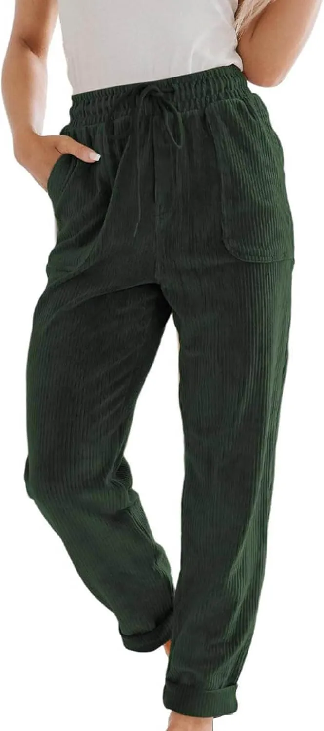 Corduroy Pants for Women Casual Joggers Drawstring Elastic High Waist Straight Leg Pants Loose Pockets Comfy Trousers