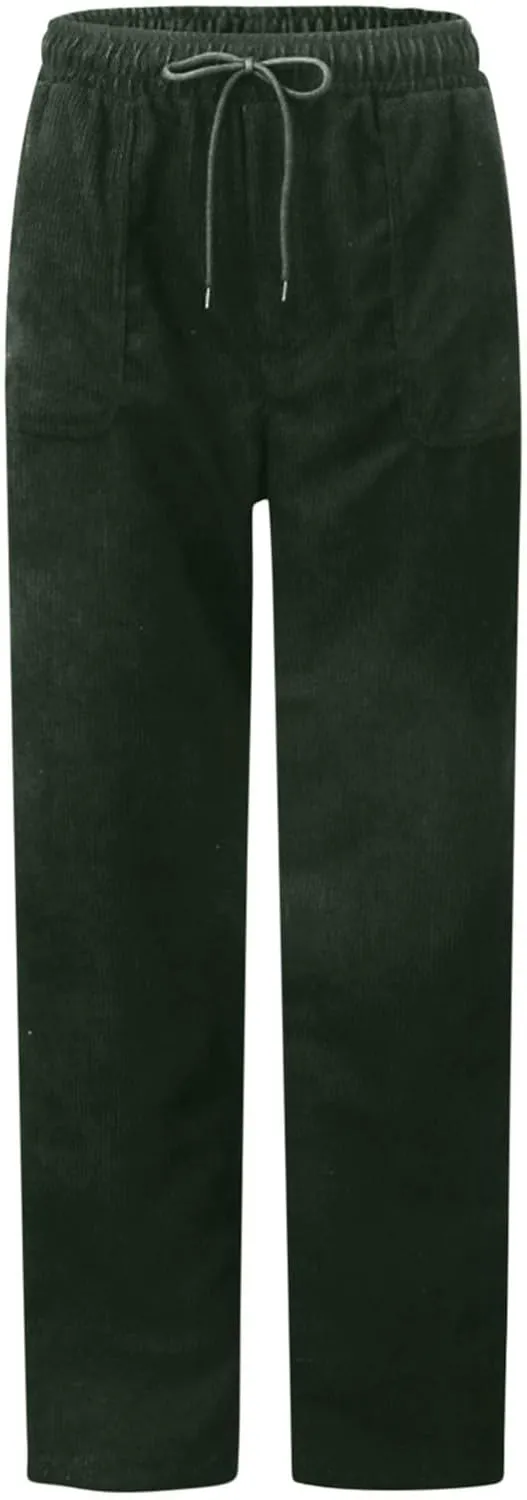 Corduroy Pants for Women Casual Joggers Drawstring Elastic High Waist Straight Leg Pants Loose Pockets Comfy Trousers