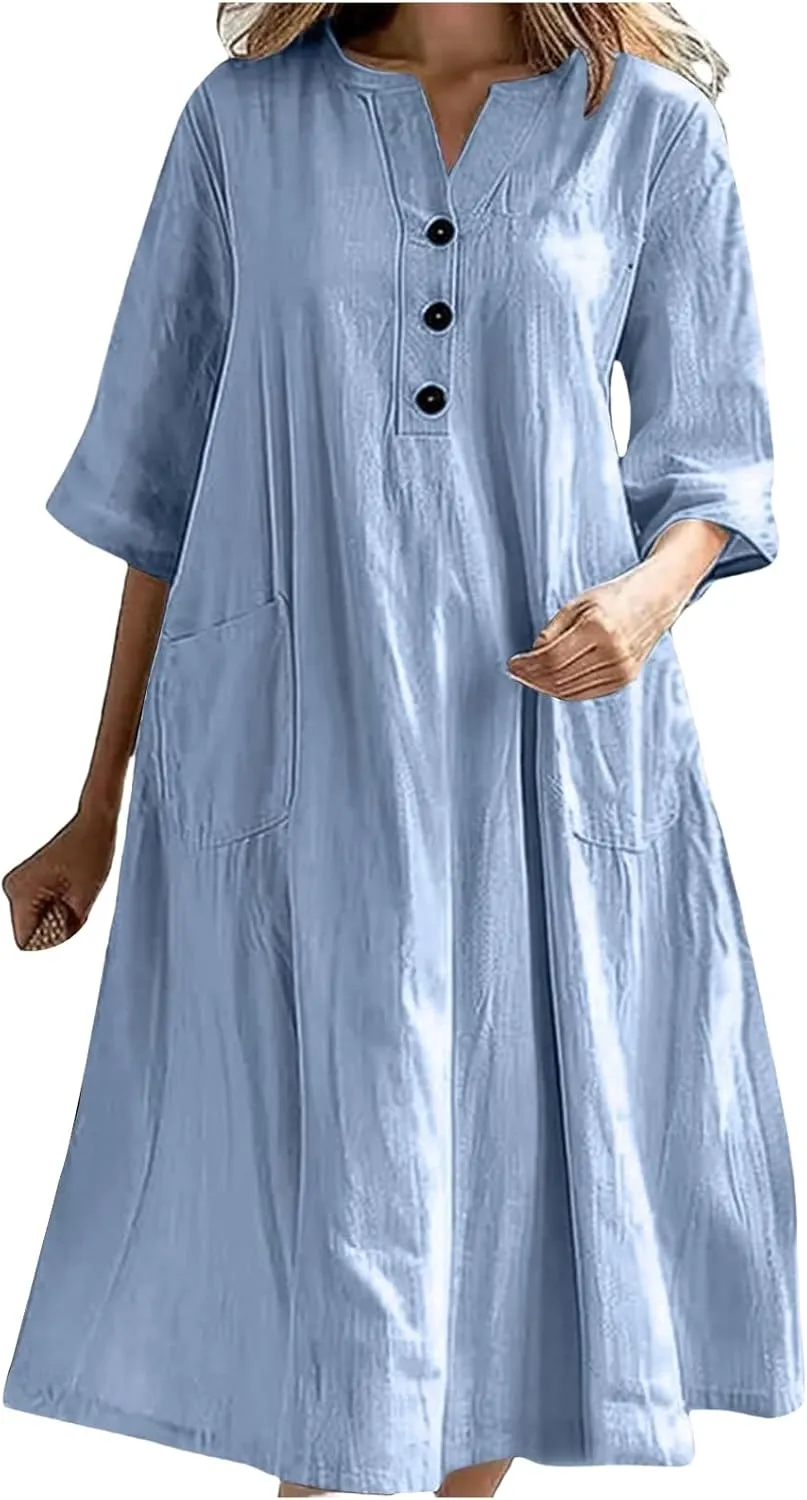 Cotton Linen Summer Midi Dresses for Women Vacation V-Neck Half-Sleeve Casual Loose Dress Beach Midi Sundress Pockets