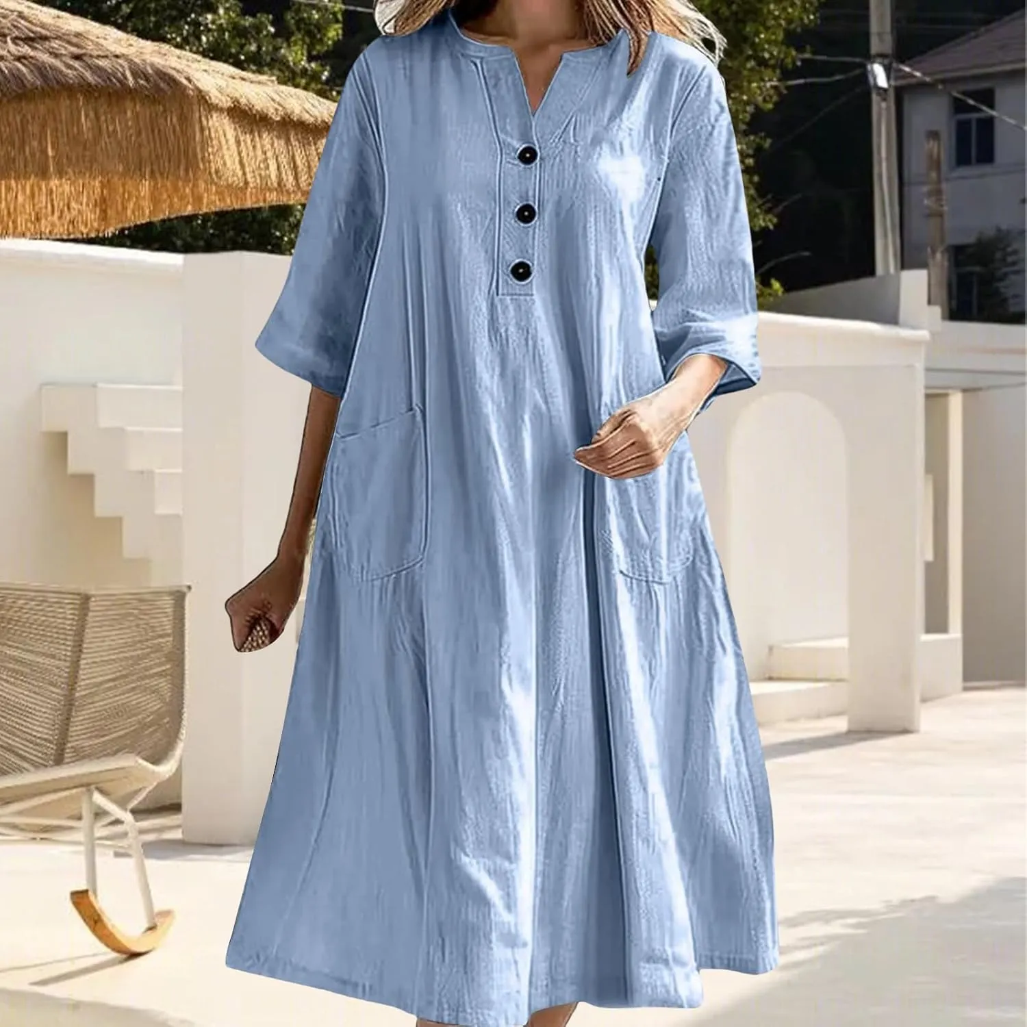 Cotton Linen Summer Midi Dresses for Women Vacation V-Neck Half-Sleeve Casual Loose Dress Beach Midi Sundress Pockets