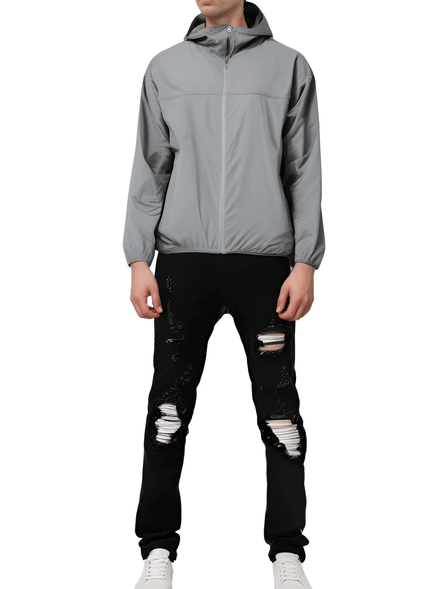 Cracked Silver Leather Patch Ripped Black Jeans Men's Streetwear Denim