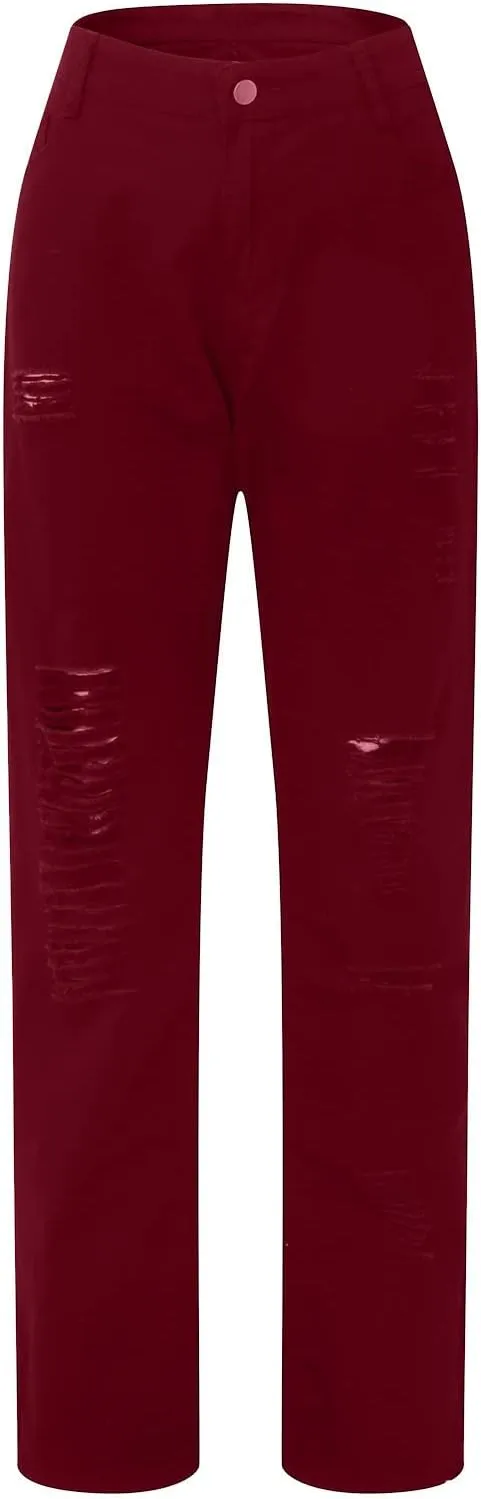 Denim Jeans for Women, Women's High Waist Straight Leg Ripped Jeans Distressed Denim Pants