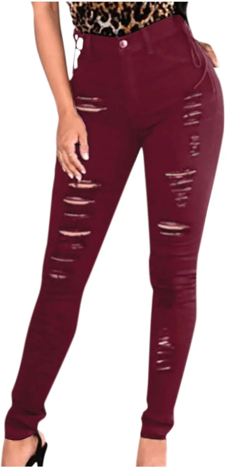 Denim Jeans for Women, Women's High Waist Straight Leg Ripped Jeans Distressed Denim Pants