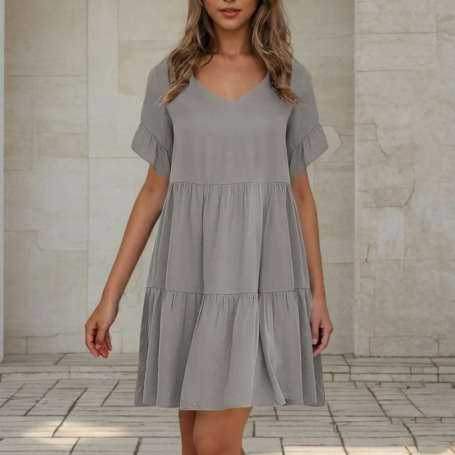 Dresses for Women Loose Fitted V Neck Short Ruffle Sleeve A Line Tiered Sundress Flowy Casual Trendy Mini Beach Dress