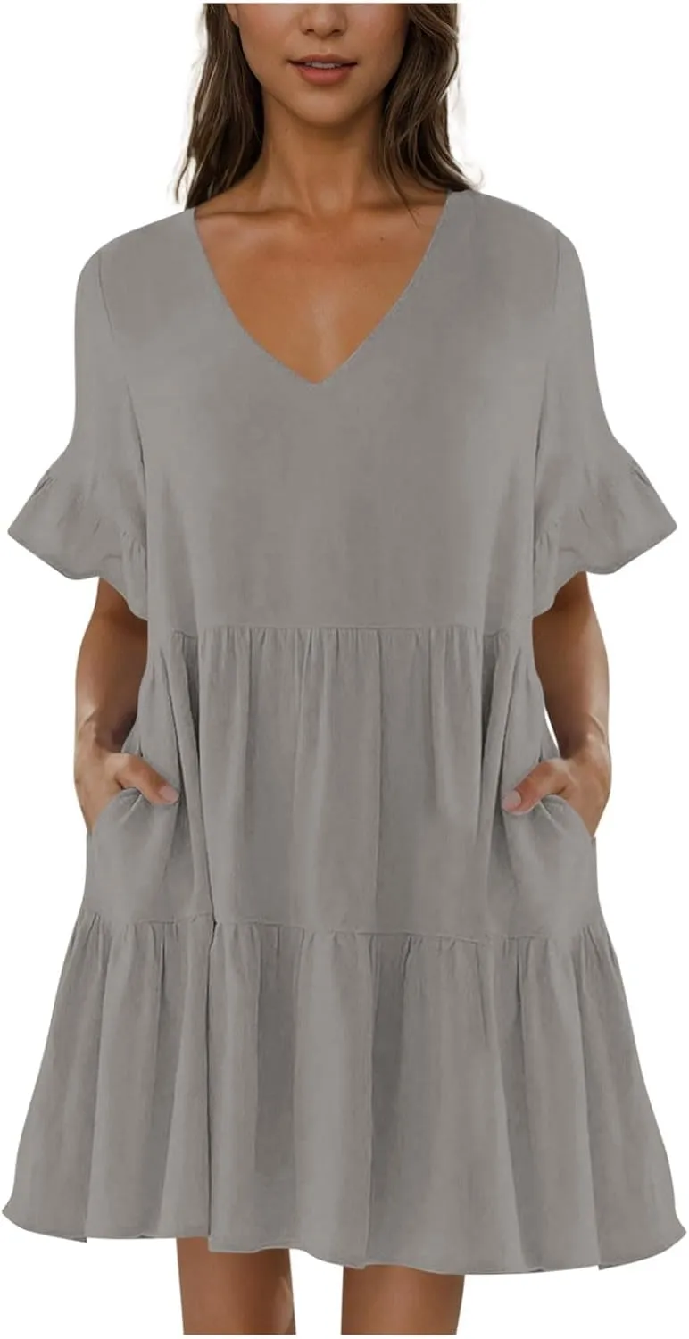 Dresses for Women Loose Fitted V Neck Short Ruffle Sleeve A Line Tiered Sundress Flowy Casual Trendy Mini Beach Dress