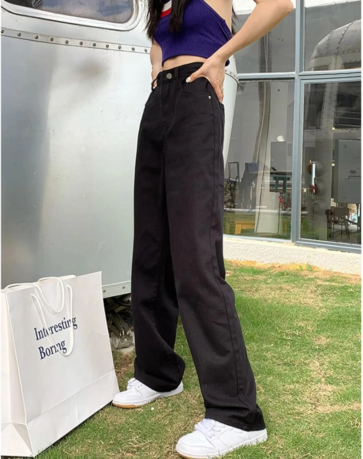High Waisted Straight Leg Jeans for Women Trendy Casual Colored Work Jeans Baggy Washed Cute Boyfriend Denim Pants