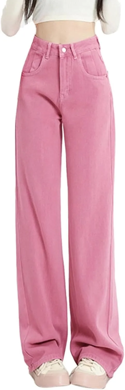High Waisted Straight Leg Jeans for Women Trendy Casual Colored Work Jeans Baggy Washed Cute Boyfriend Denim Pants