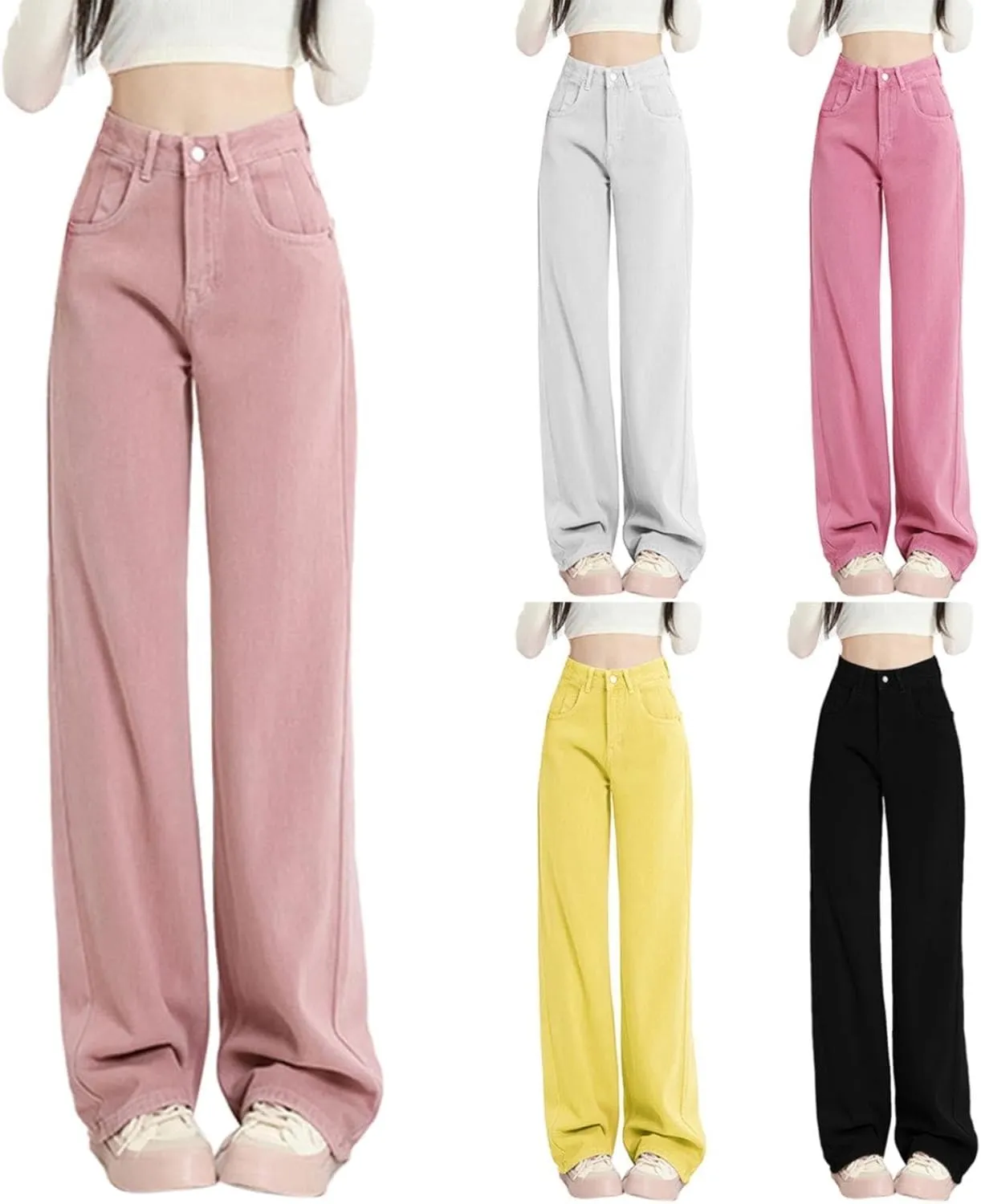 High Waisted Straight Leg Jeans for Women Trendy Casual Colored Work Jeans Baggy Washed Cute Boyfriend Denim Pants