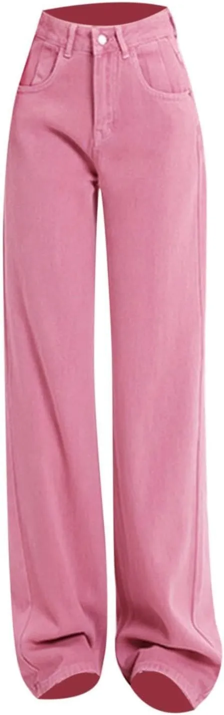 High Waisted Straight Leg Jeans for Women Trendy Casual Colored Work Jeans Baggy Washed Cute Boyfriend Denim Pants