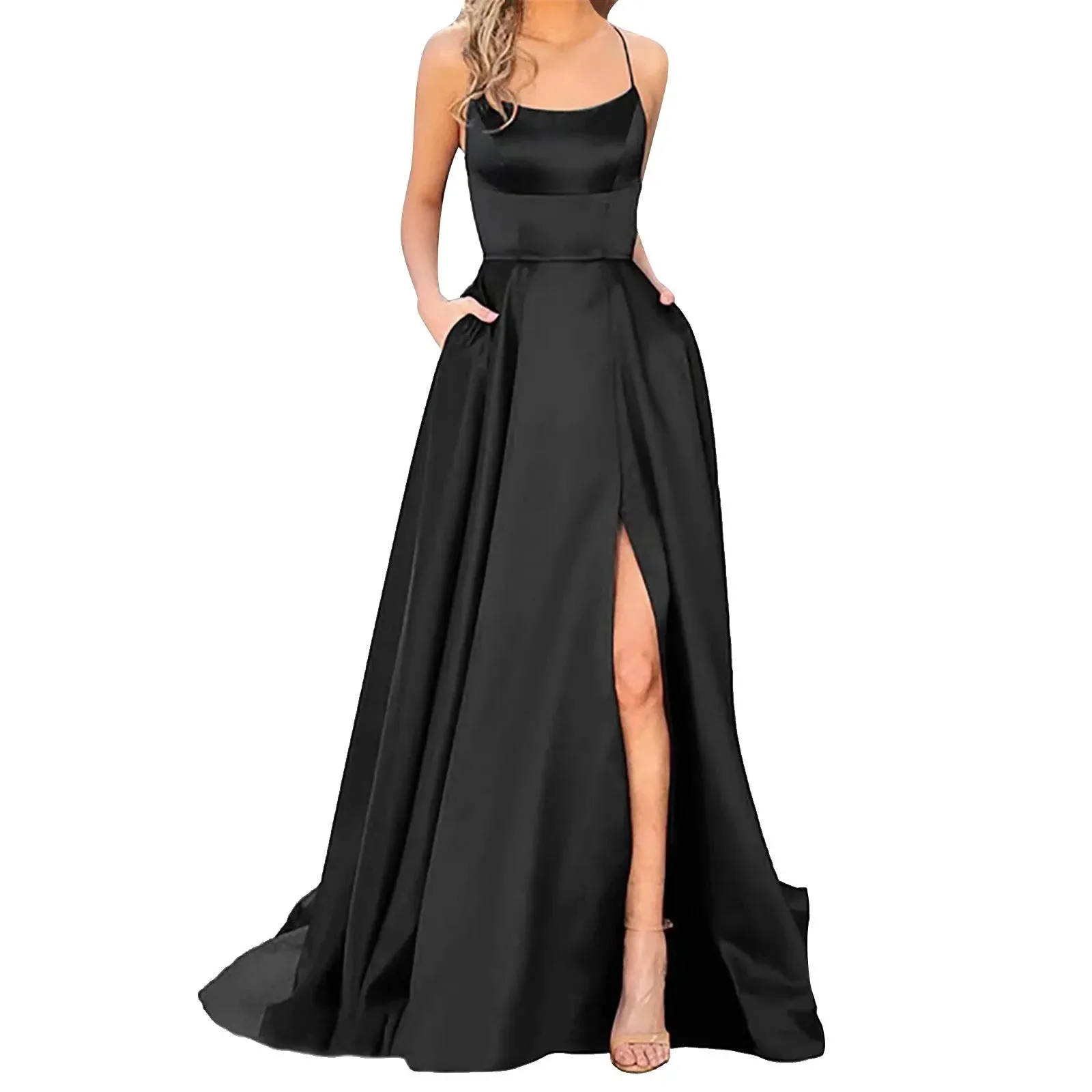 Hnzxzm Sexy Backless Long Evening Prom Dress Purple Side Slipt Maxi Dress Women A Line Spaghetti Straps Satin Prom Gowns Formal Vestido