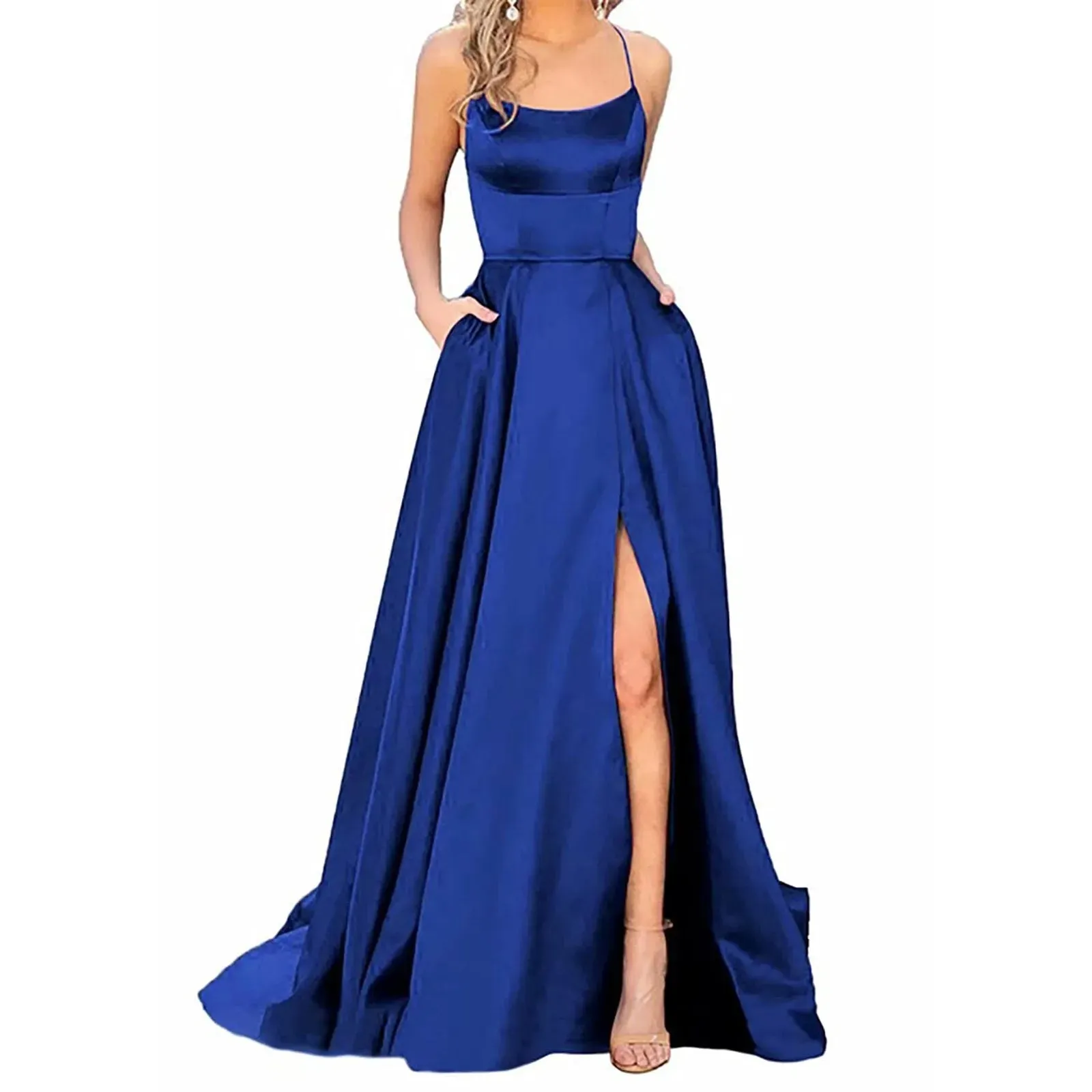 Hnzxzm Sexy Backless Long Evening Prom Dress Purple Side Slipt Maxi Dress Women A Line Spaghetti Straps Satin Prom Gowns Formal Vestido
