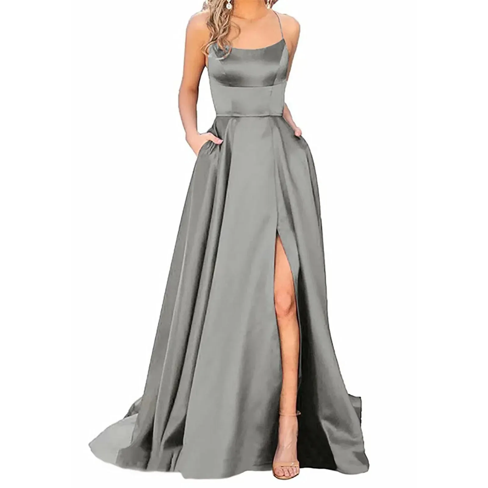 Hnzxzm Sexy Backless Long Evening Prom Dress Purple Side Slipt Maxi Dress Women A Line Spaghetti Straps Satin Prom Gowns Formal Vestido