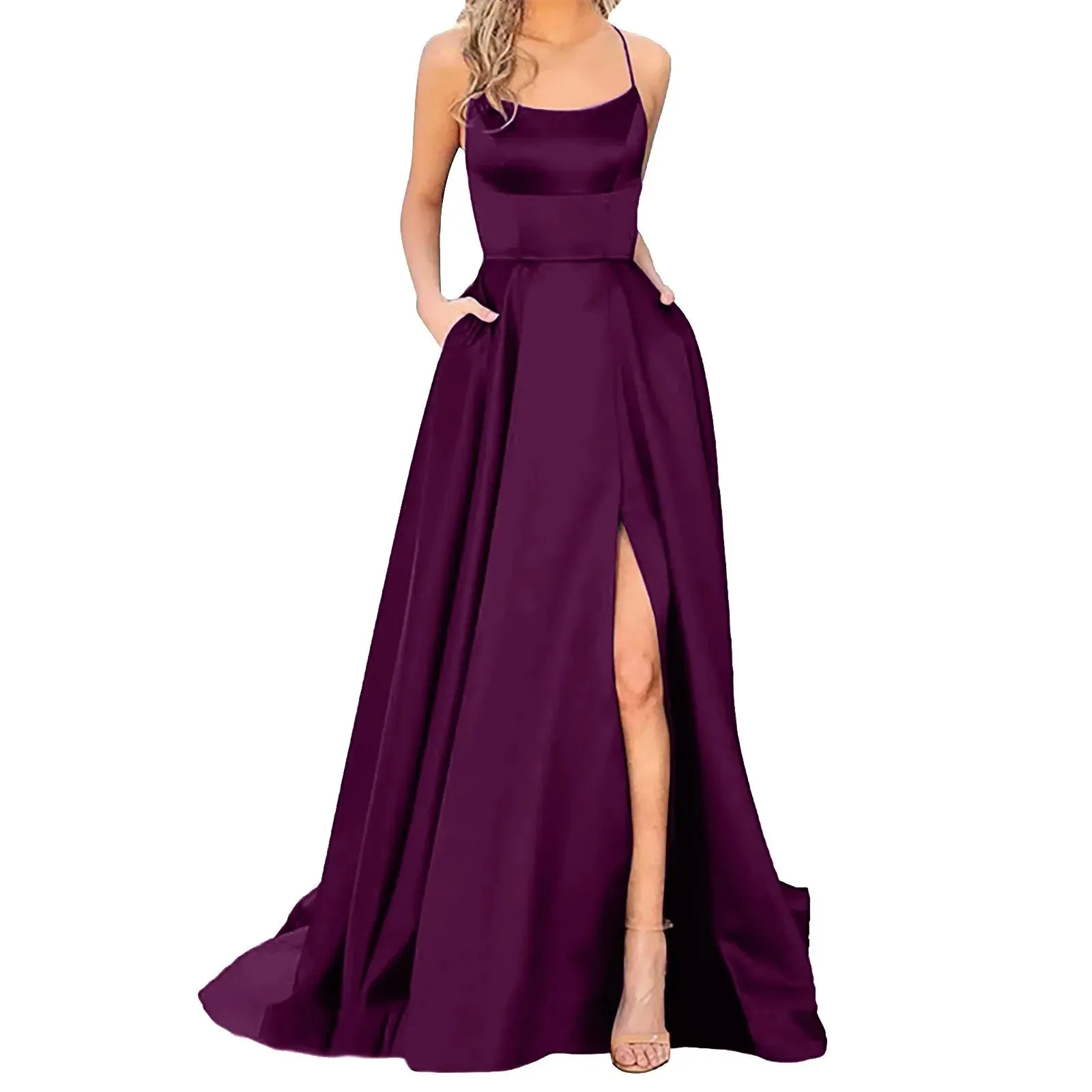 Hnzxzm Sexy Backless Long Evening Prom Dress Purple Side Slipt Maxi Dress Women A Line Spaghetti Straps Satin Prom Gowns Formal Vestido