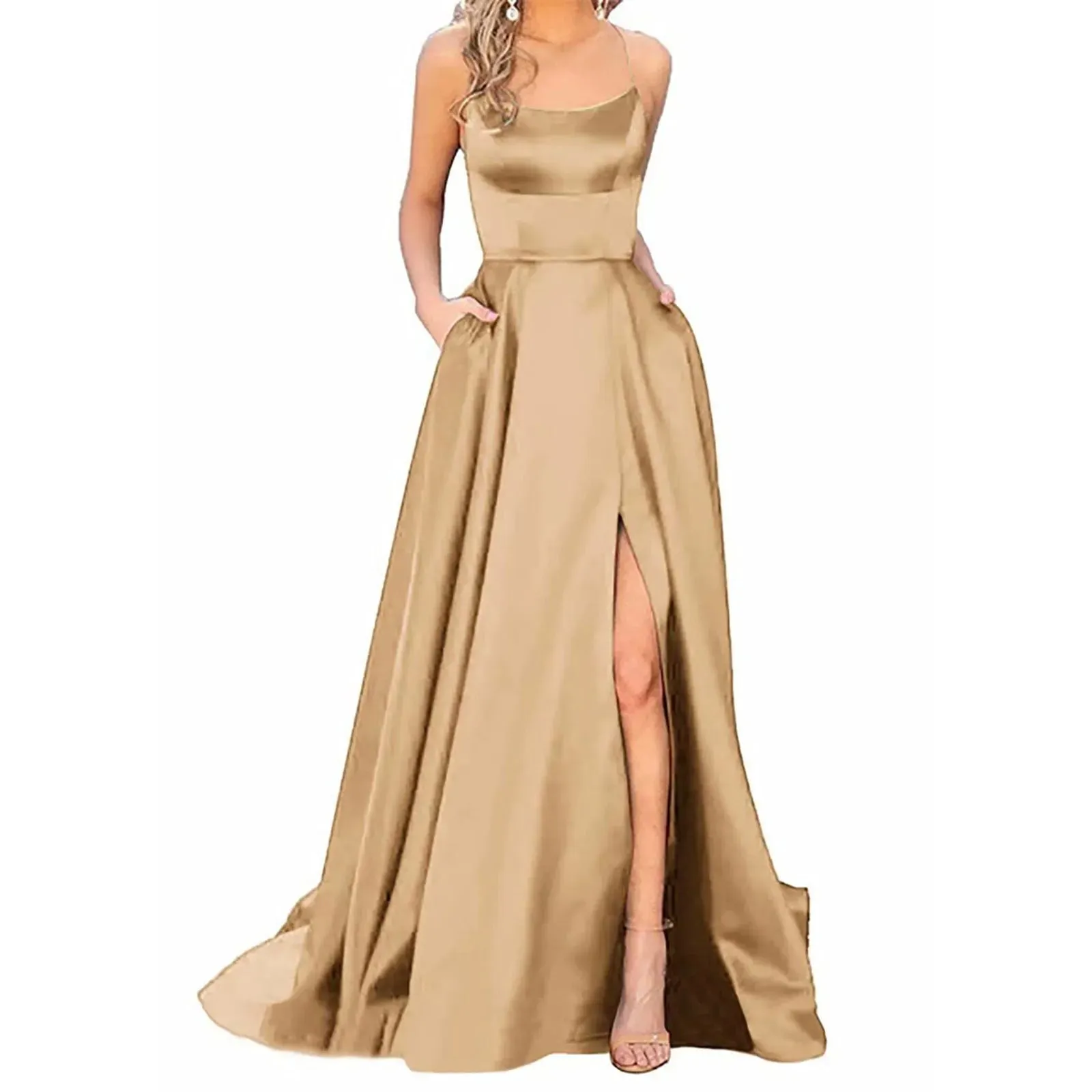 Hnzxzm Sexy Backless Long Evening Prom Dress Purple Side Slipt Maxi Dress Women A Line Spaghetti Straps Satin Prom Gowns Formal Vestido