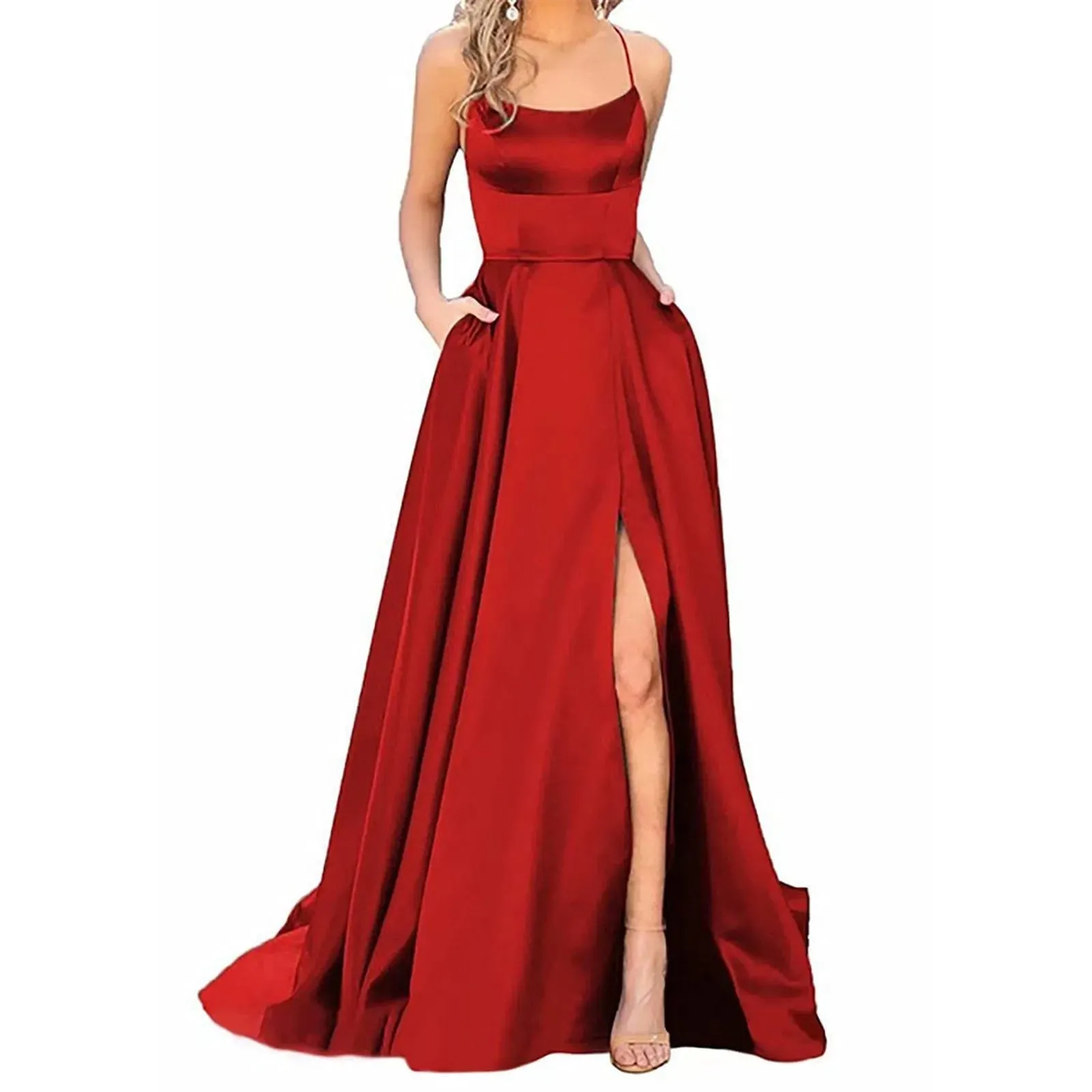 Hnzxzm Sexy Backless Long Evening Prom Dress Purple Side Slipt Maxi Dress Women A Line Spaghetti Straps Satin Prom Gowns Formal Vestido
