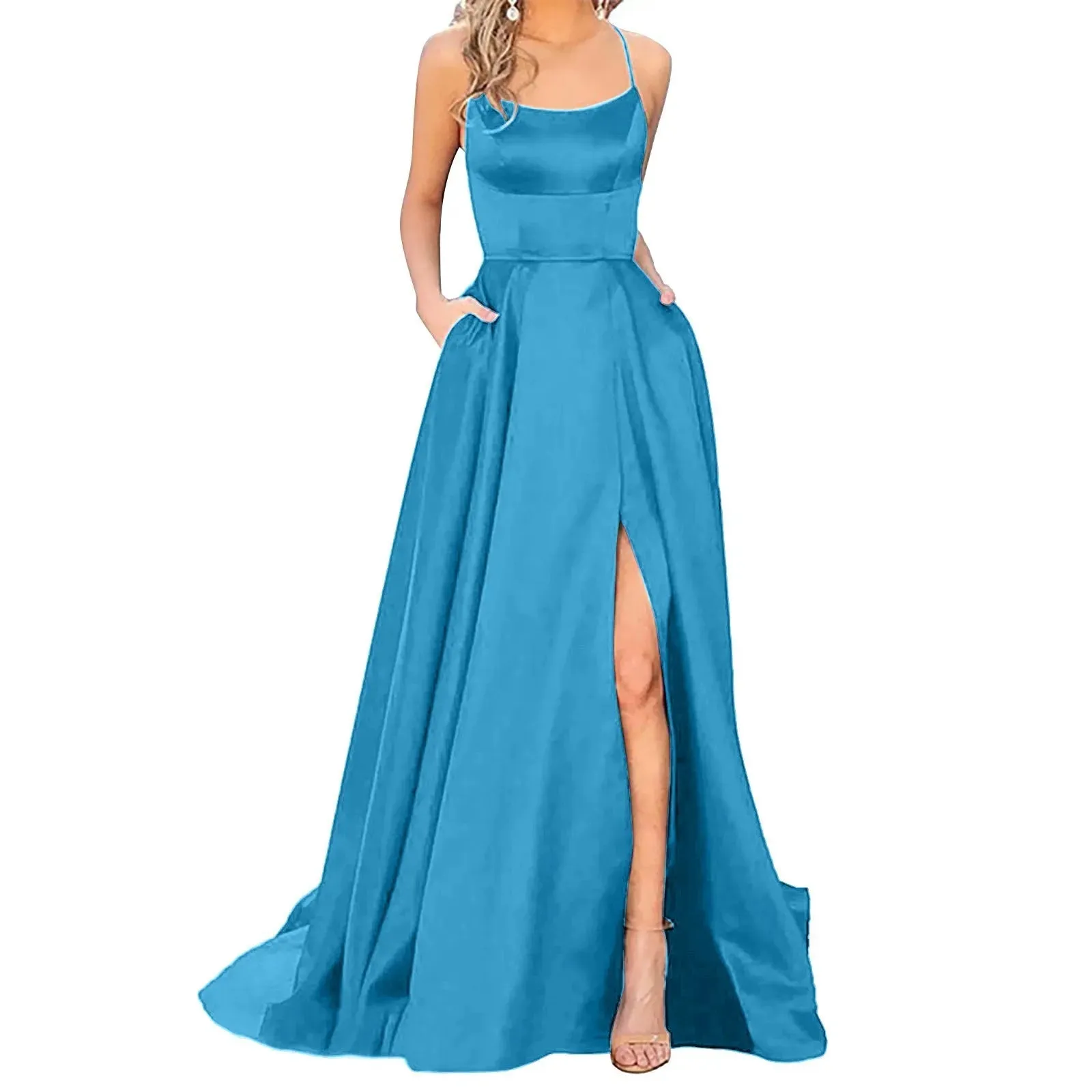 Hnzxzm Sexy Backless Long Evening Prom Dress Purple Side Slipt Maxi Dress Women A Line Spaghetti Straps Satin Prom Gowns Formal Vestido