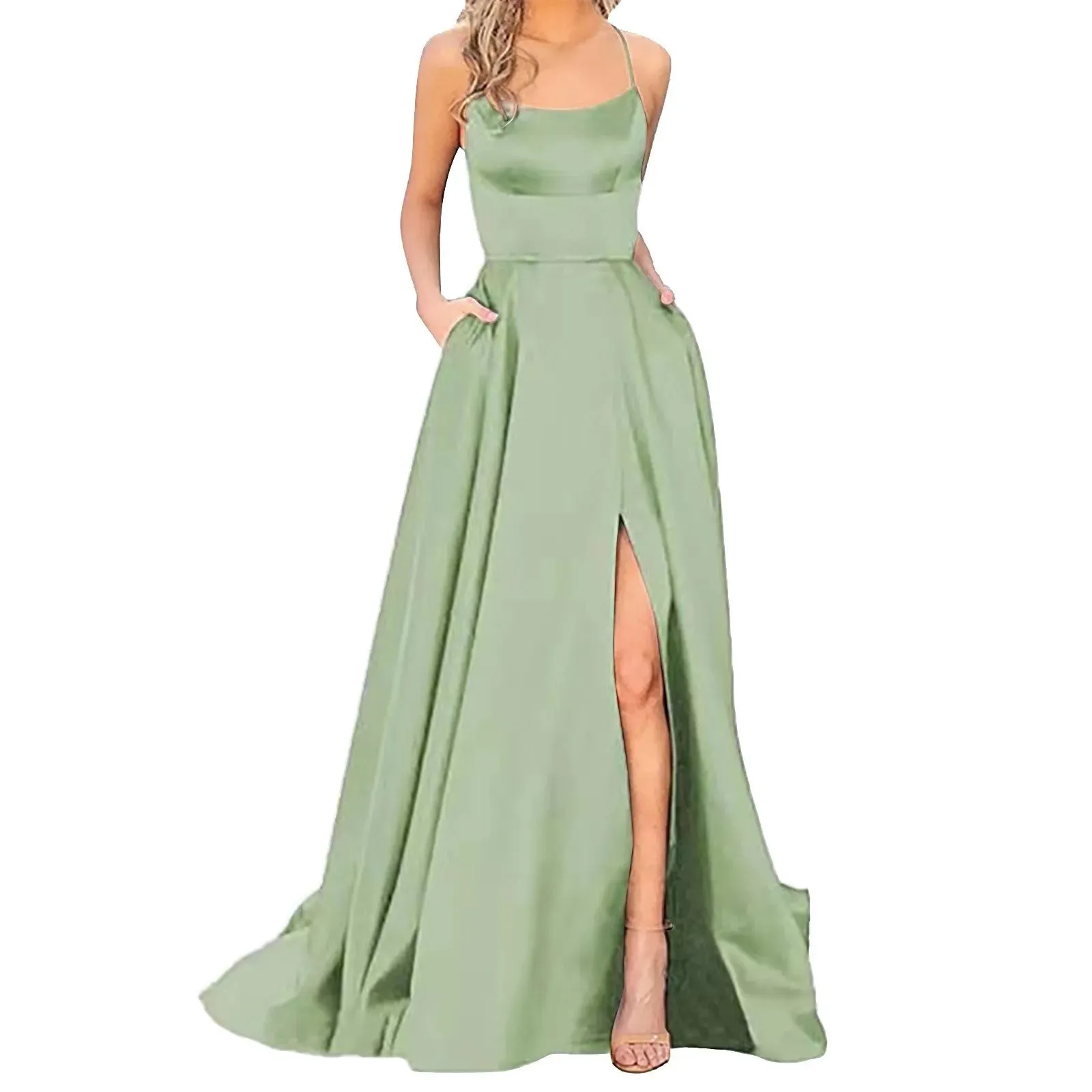 Hnzxzm Sexy Backless Long Evening Prom Dress Purple Side Slipt Maxi Dress Women A Line Spaghetti Straps Satin Prom Gowns Formal Vestido