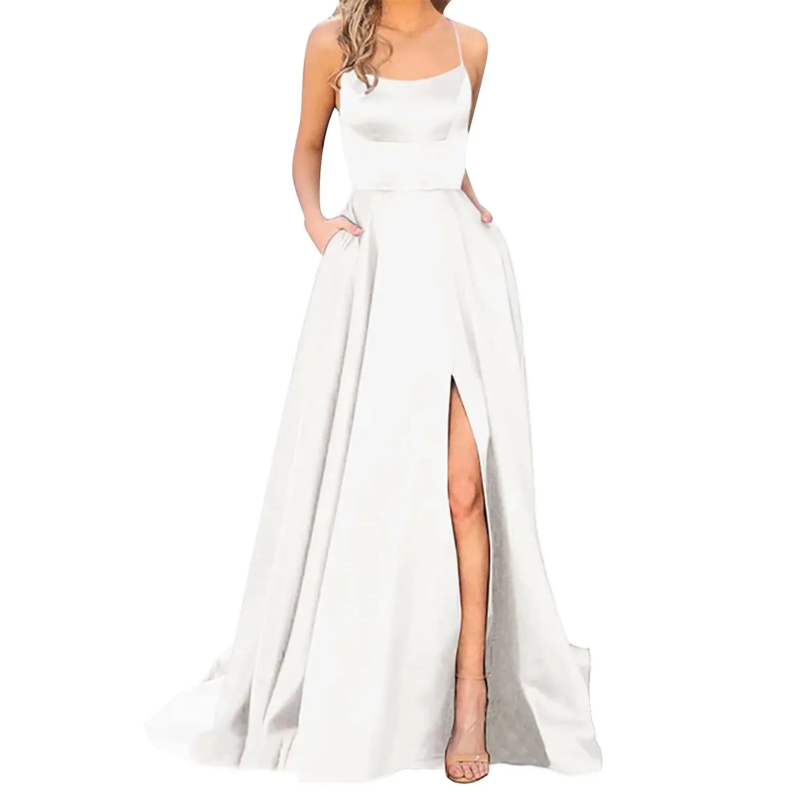 Hnzxzm Sexy Backless Long Evening Prom Dress Purple Side Slipt Maxi Dress Women A Line Spaghetti Straps Satin Prom Gowns Formal Vestido