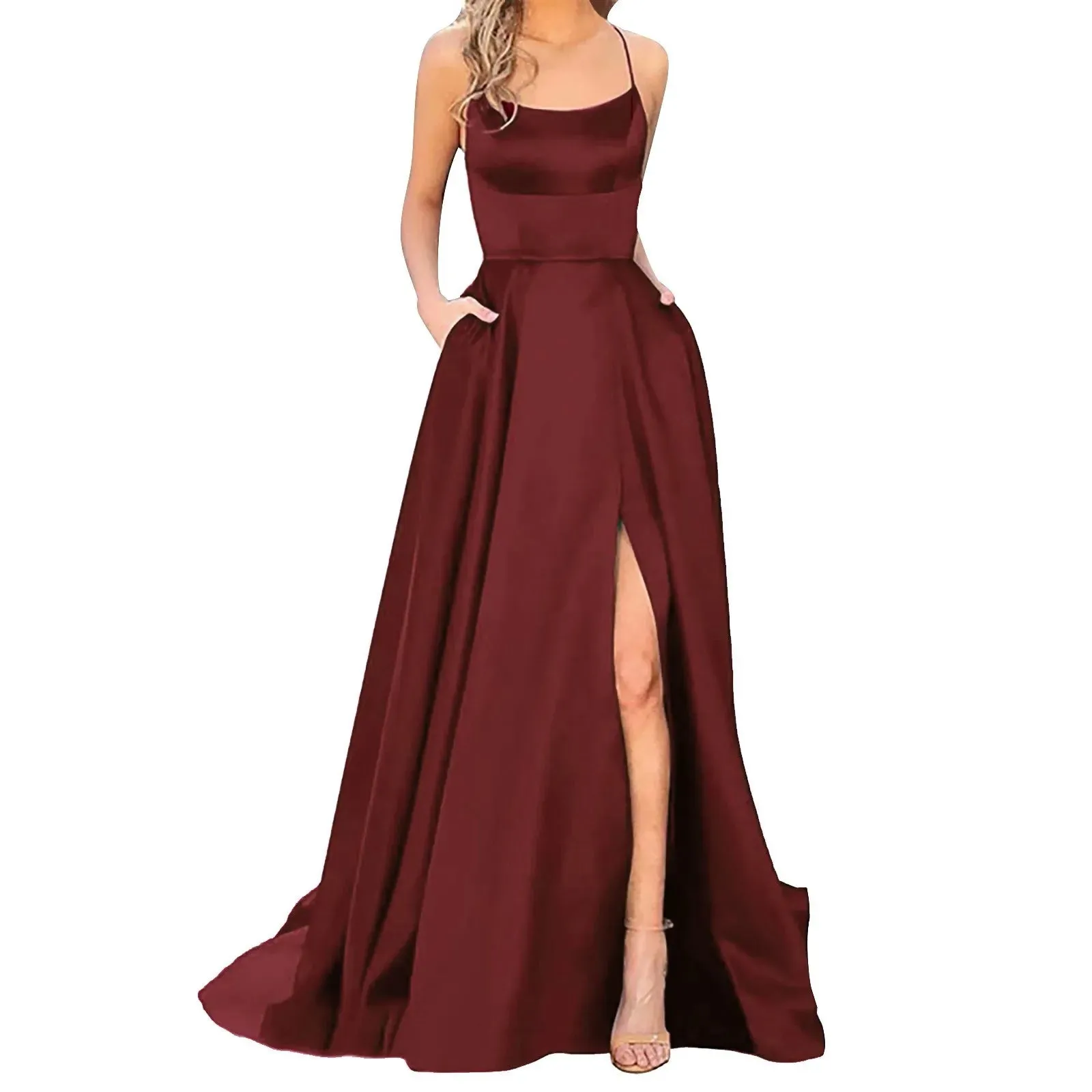 Hnzxzm Sexy Backless Long Evening Prom Dress Purple Side Slipt Maxi Dress Women A Line Spaghetti Straps Satin Prom Gowns Formal Vestido