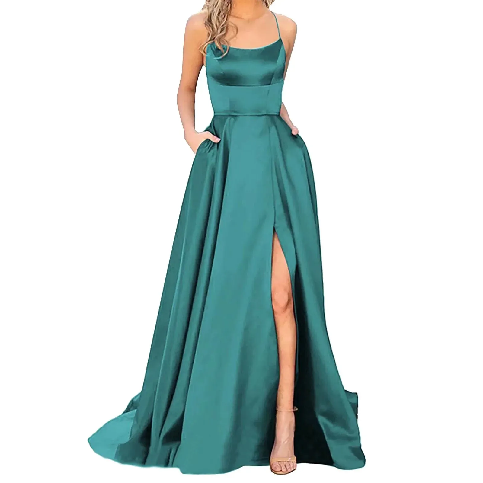 Hnzxzm Sexy Backless Long Evening Prom Dress Purple Side Slipt Maxi Dress Women A Line Spaghetti Straps Satin Prom Gowns Formal Vestido