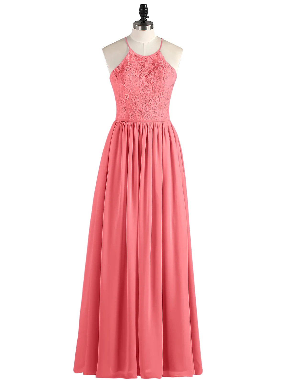 Illusion Neck Lace and Chiffon Maxi Gowns-Watermelon