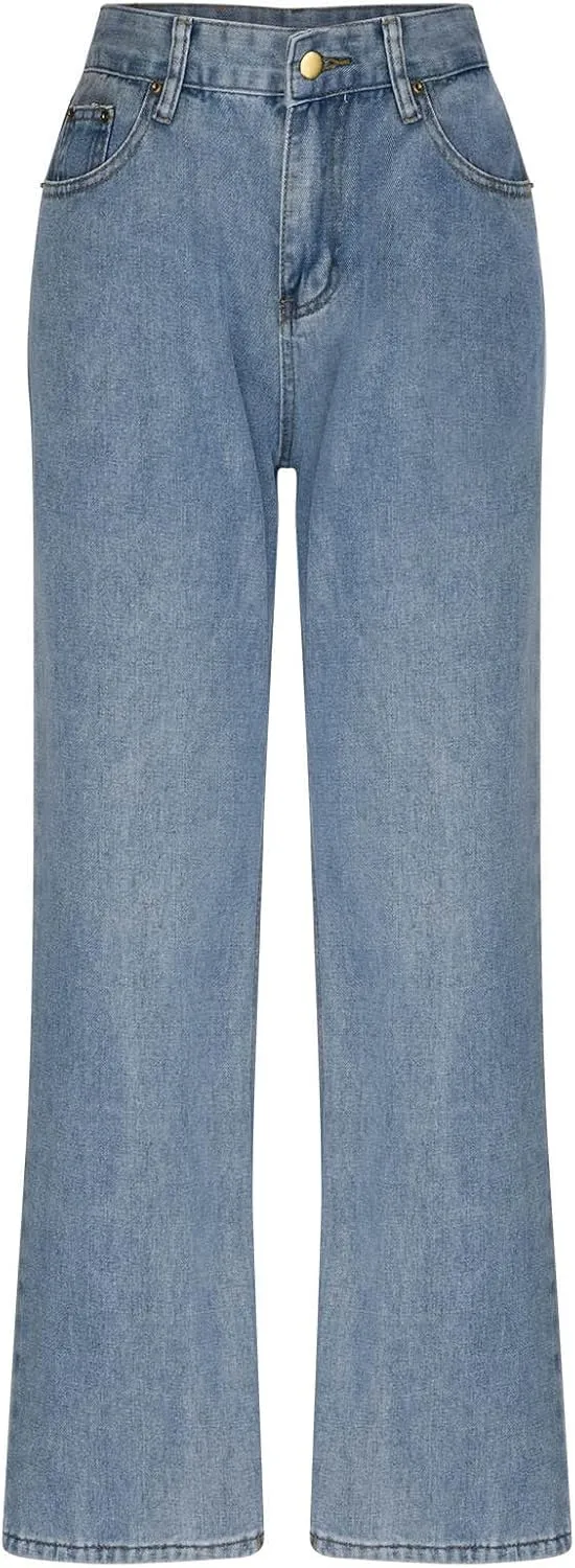 Jeans for Women Retro Mid Rise Boot Cut Denim Pants Boyfried Baggy Straight Leg Jeans Trendy Ripped Wide Leg Jeans