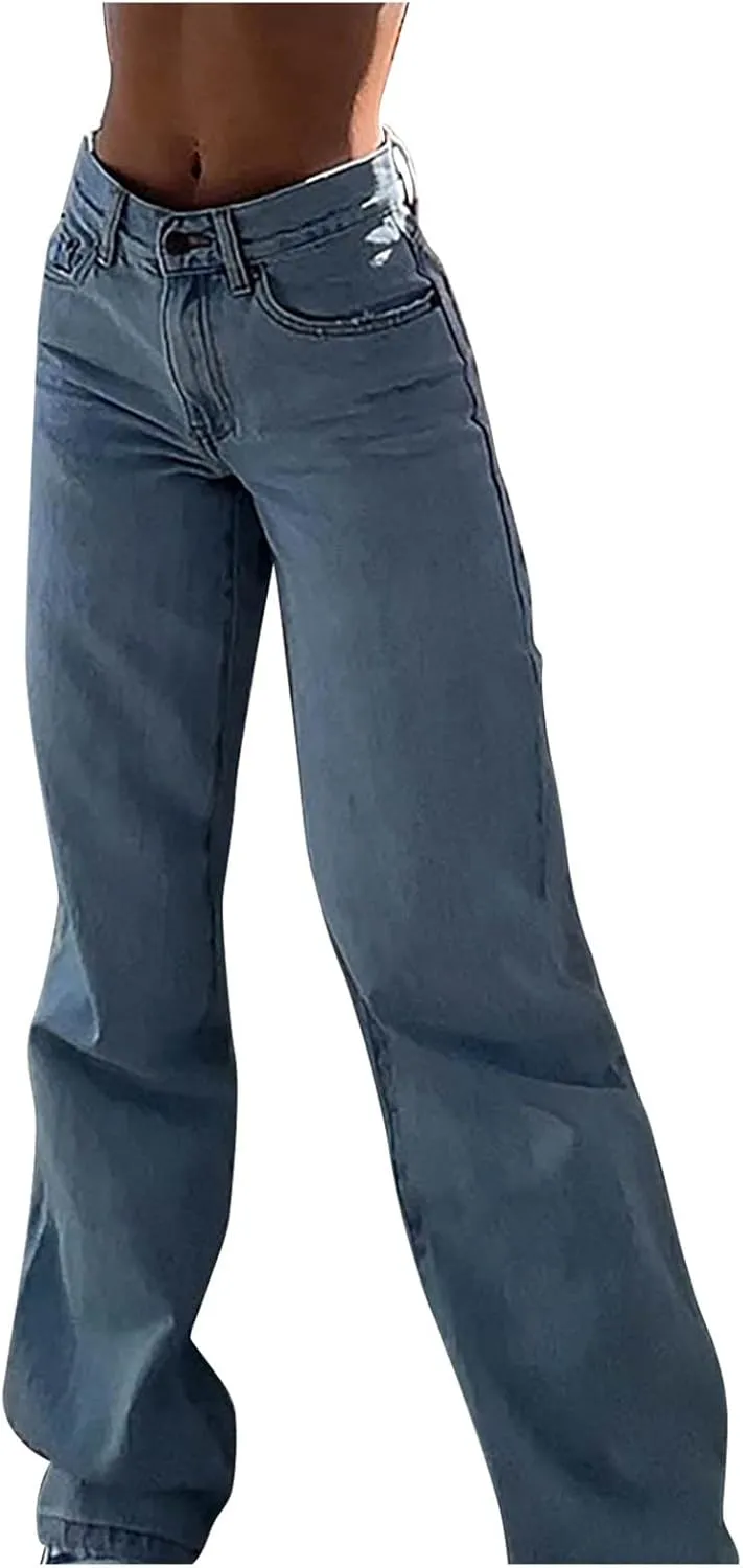 Jeans for Women Retro Mid Rise Boot Cut Denim Pants Boyfried Baggy Straight Leg Jeans Trendy Ripped Wide Leg Jeans