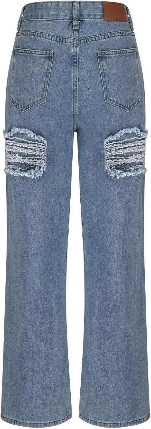 Jeans for Women Retro Mid Rise Boot Cut Denim Pants Boyfried Baggy Straight Leg Jeans Trendy Ripped Wide Leg Jeans