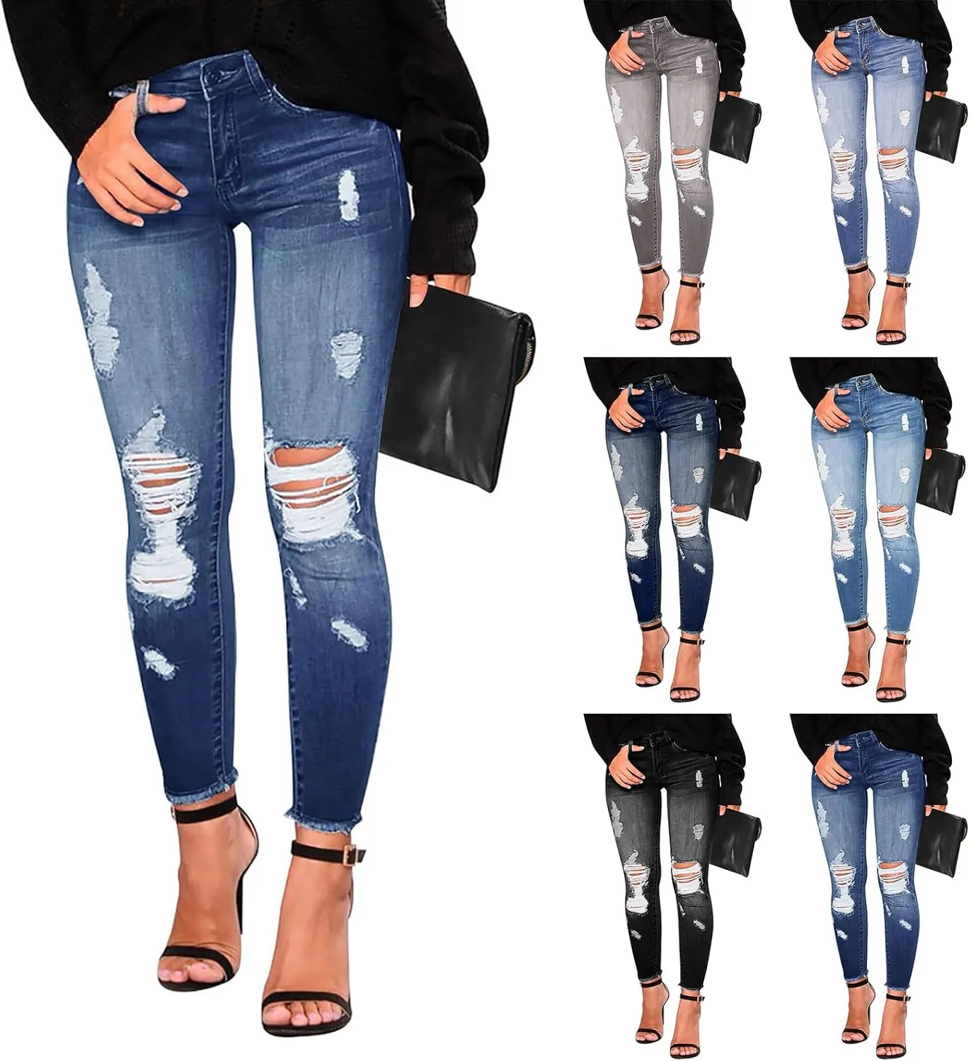 Jeggings for Women Tummy Control High Waisted Ripped Skinny Jeans Stretchy Distressed Denim Leggings with Pockets