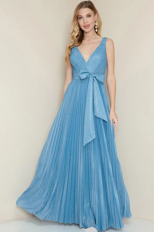 Light Blue Sparkle V Neck Pleated Maxi Dress