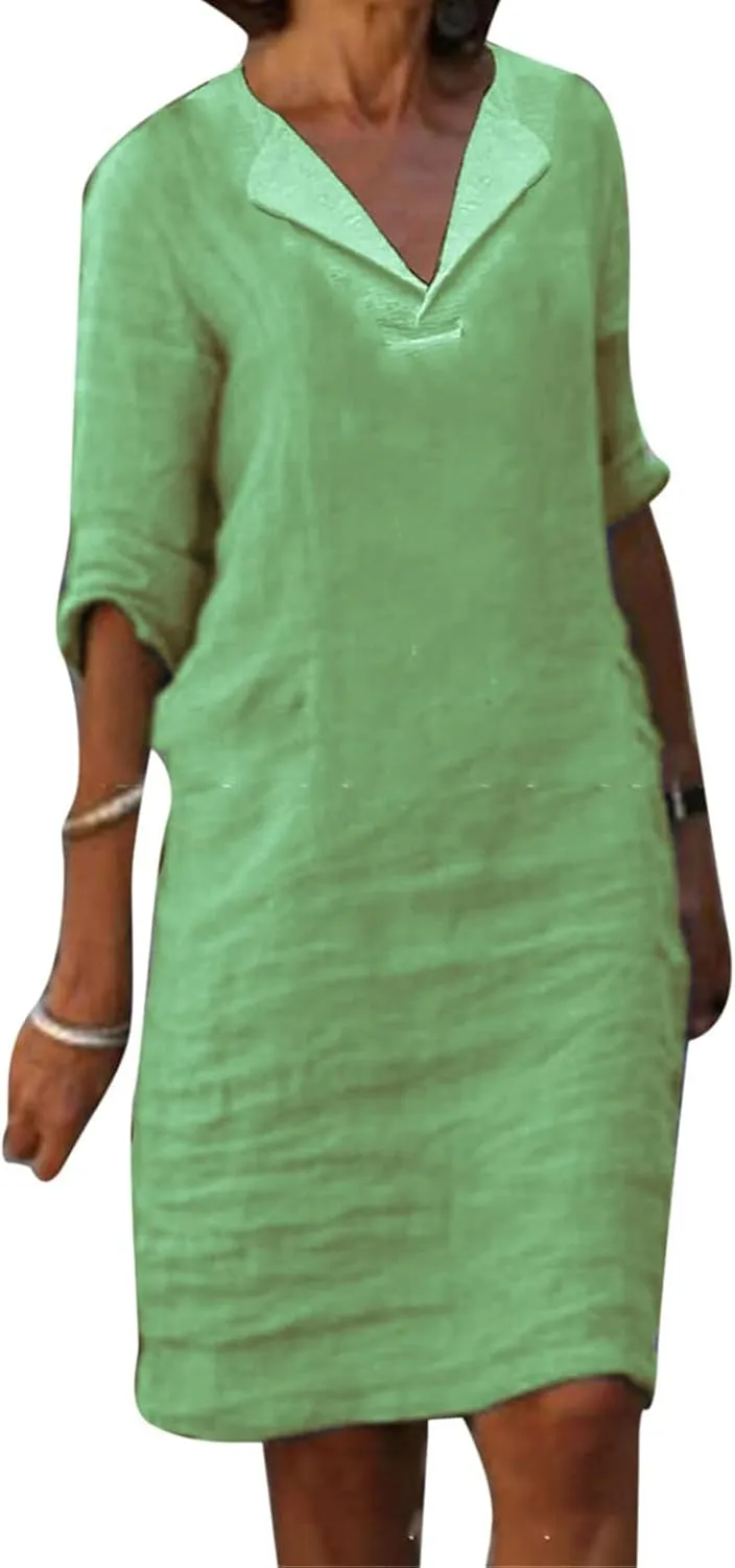 Linen Dresses for Women 2025 Elegant 1/2 Sleeve V-Neck T Shirts Dress Casual Loose Solid Slim Business Vacation Dress
