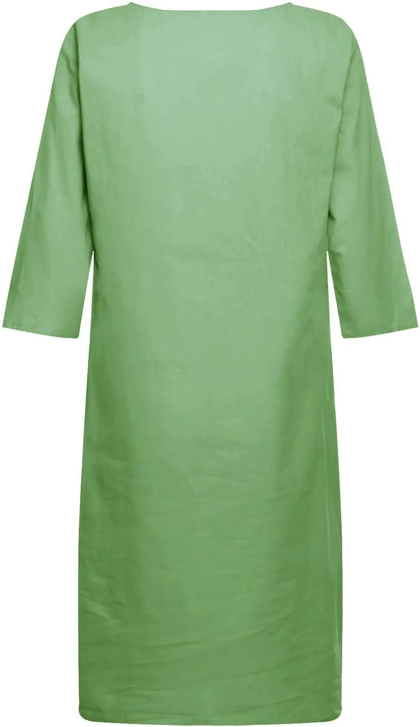 Linen Dresses for Women 2025 Elegant 1/2 Sleeve V-Neck T Shirts Dress Casual Loose Solid Slim Business Vacation Dress