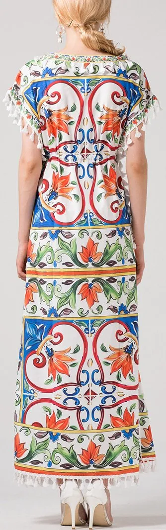 Majolica Multicolored Print Tassel-Trimmed Maxi Dress