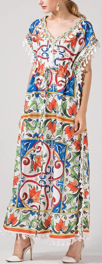 Majolica Multicolored Print Tassel-Trimmed Maxi Dress